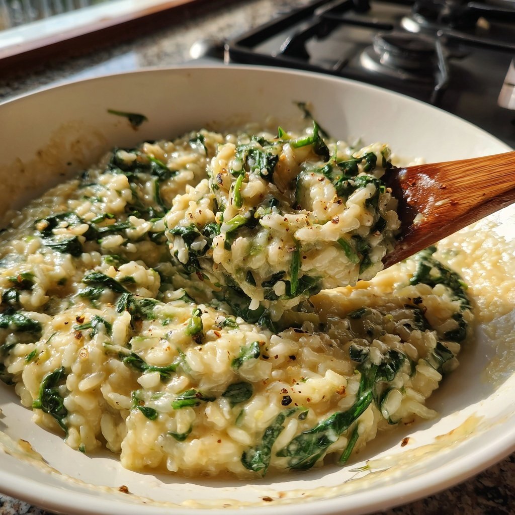Abendessen mit cremigem Spinatrisotto