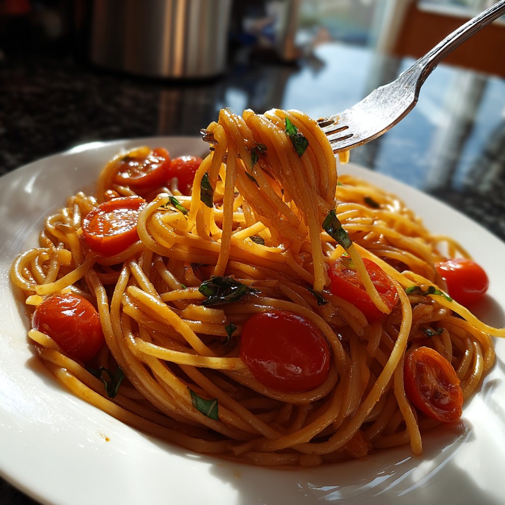 Spaghetti mit Tomaten und Basilikum