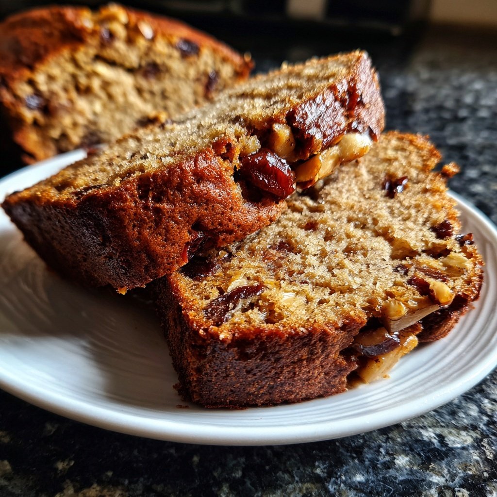 Bananenbrot mit Mandelmus und Datteln
